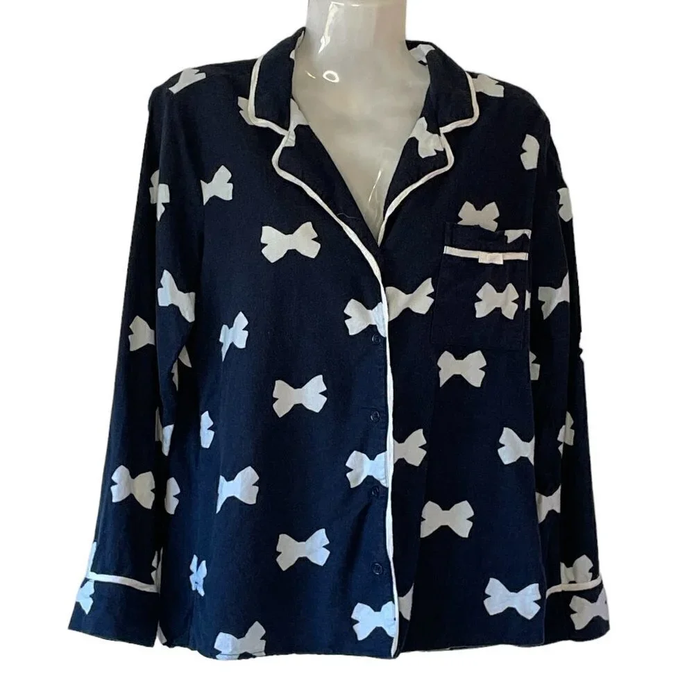 Kate Spade New York Women's Black Flannel Pajama Top with White Bow Print XS